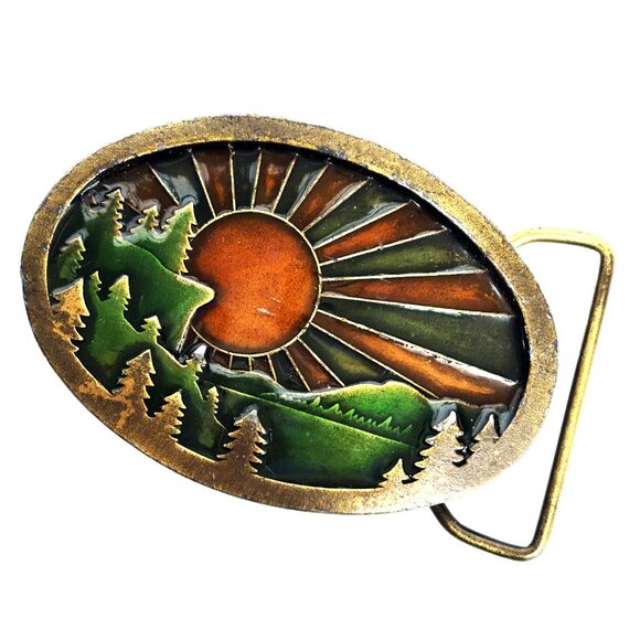 Indiana Metal Craft Brass Enameled Sunrise in the Mountains Belt Buckle Vintage